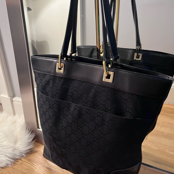 Gucci GG Black Canvas Tote with Horsebit Gold Tone Detail - Picture 5 of 15
